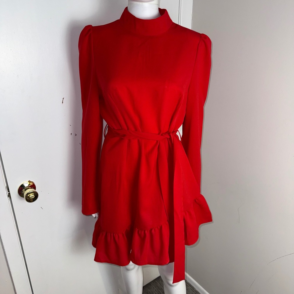Red Mock Neck Long Sleeve Ruffle Hem Tie Waist Mini Dress Puff Shoulder Size M‎ - Picture 4 of 14